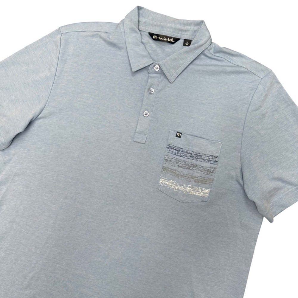 TravisMathew Polo Shirt Mens XL Blue Heathered Pocket Stripe Pima Cotton Blend